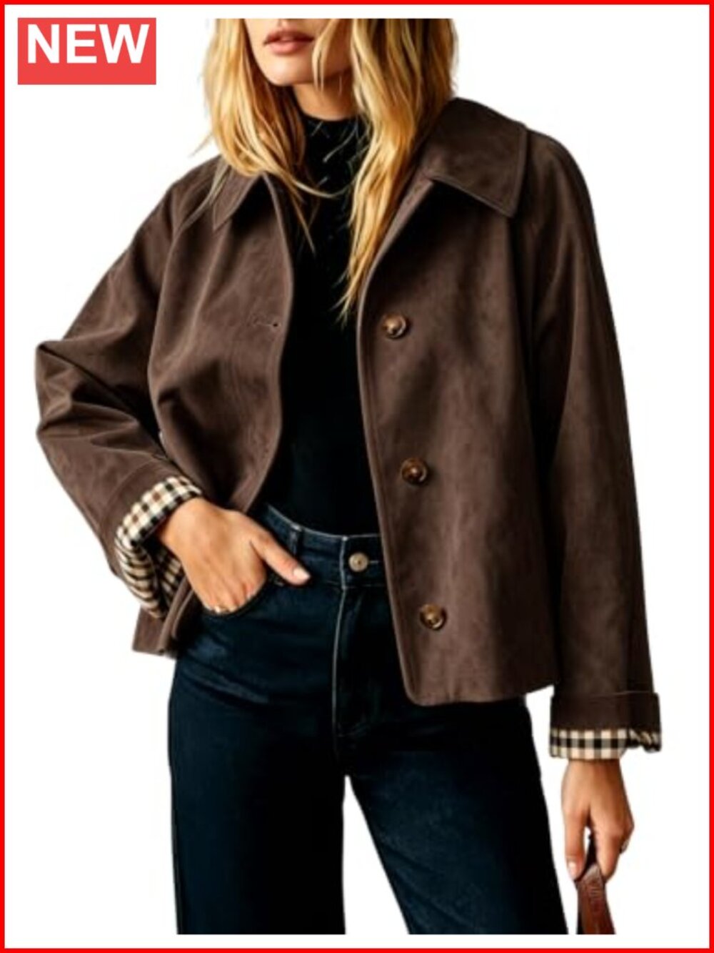 Women's Faux Suede Cropped Trench Coat Plaid Lined Preppy